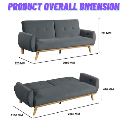 3 Seater Grey Sofa Bed With USB Charging Port